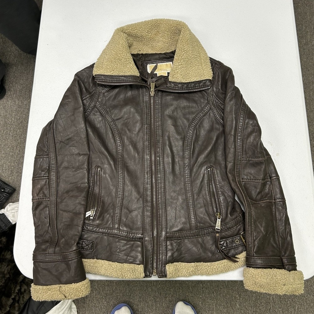 Michael Kors Leather Moto Jacket Womens Brown Shearling Lined Aviator Biker D3